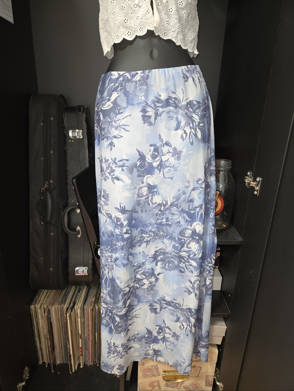 Love Fire Blue Floral Sheer Mesh Maxi Skirt Elastic Waist S